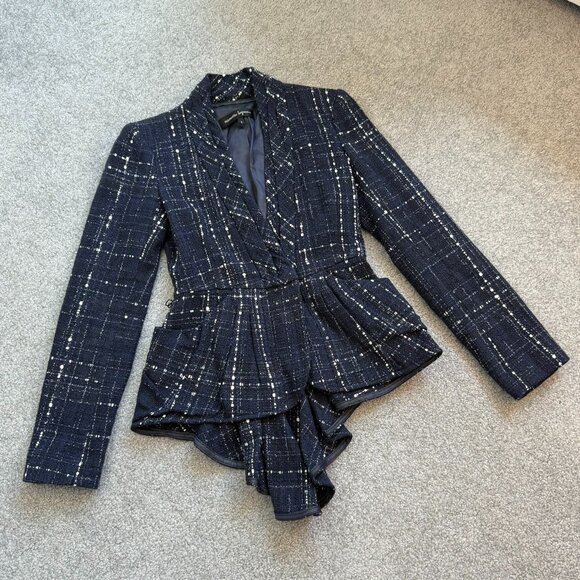 Nanette Lepore Maddalena Tweed Navy Blue Blazer Belted Mermaid Asymmetric Sz 0 - Picture 1 of 12